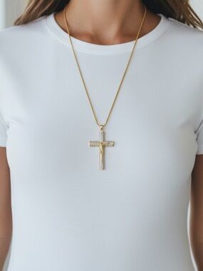 Gold plated Cross Pendant Necklace with Clear Crystals - Women's Jewelry